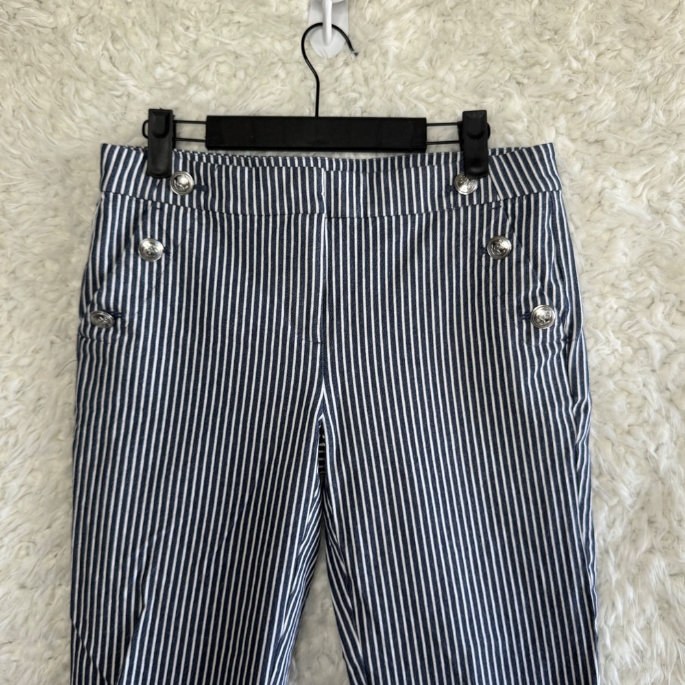 Loft Riviera Slim‎ Blue White Striped Cropped Pants Size 4P Button Accent Career - Picture 7 of 8